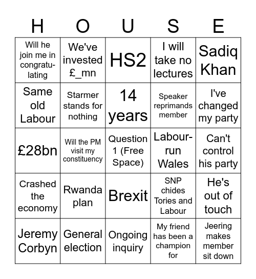 PMQs Bingo Card