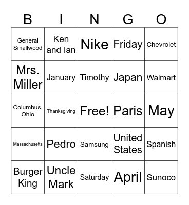 Capitalization Bingo Card