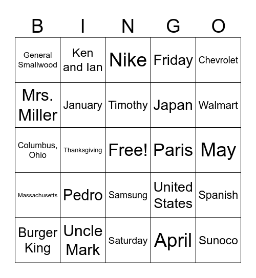 Capitalization Bingo Card