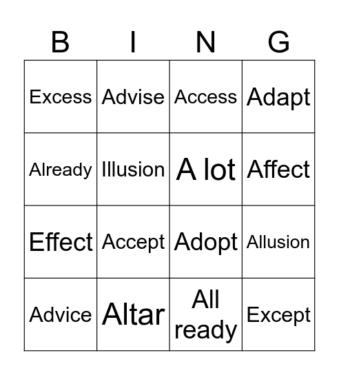 Commonly Confused #1 Bingo Card