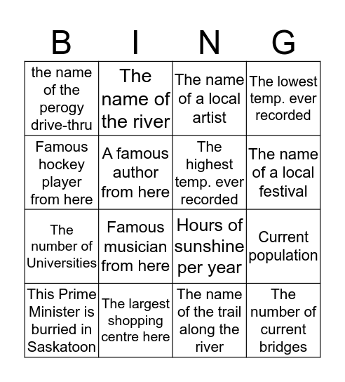 Saskatoon Bingo Card