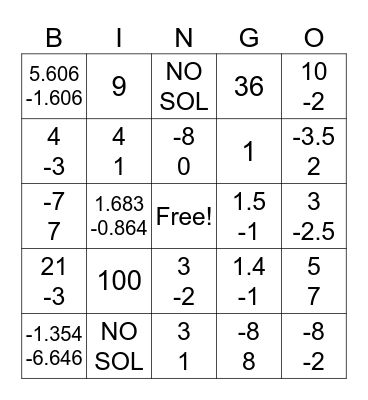 Quadratic Bingo Card