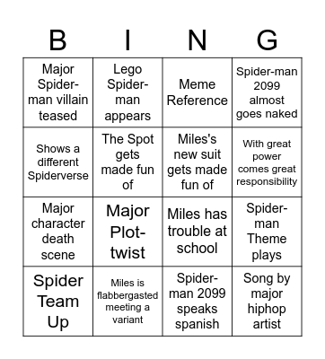 Tom Spider-man Bingo Card