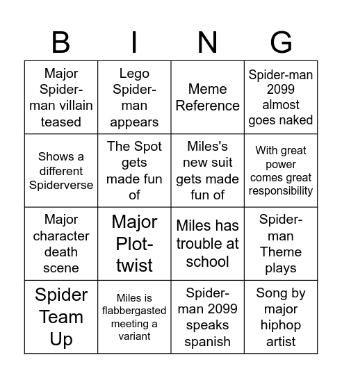 Tom Spider-man Bingo Card