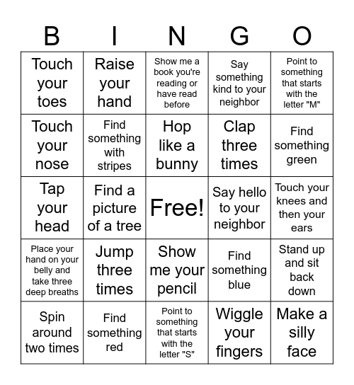 Following Directions Bingo Card