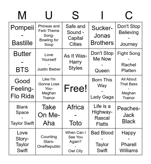 Pop Music Bingo Card