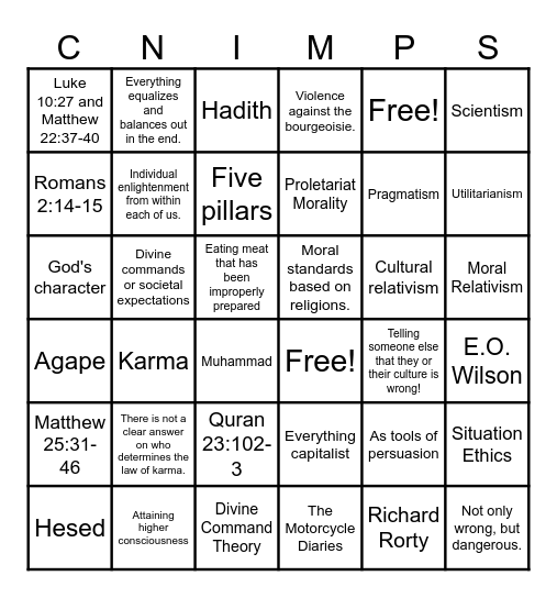 Ethics Bingo Card