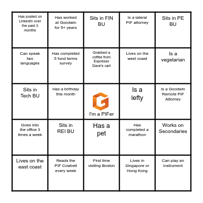 Get To Know Your Fellow PIFers Bingo Card
