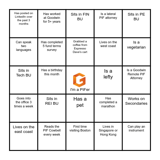 Get To Know Your Fellow PIFers Bingo Card