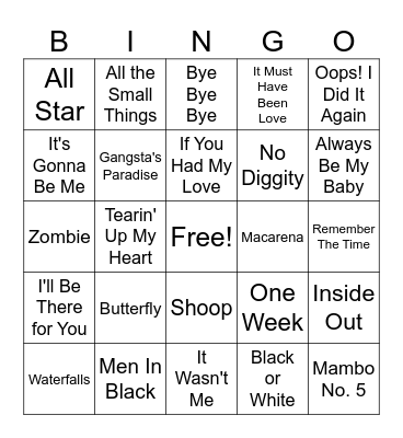 90's Music Bingo Card Bingo Card