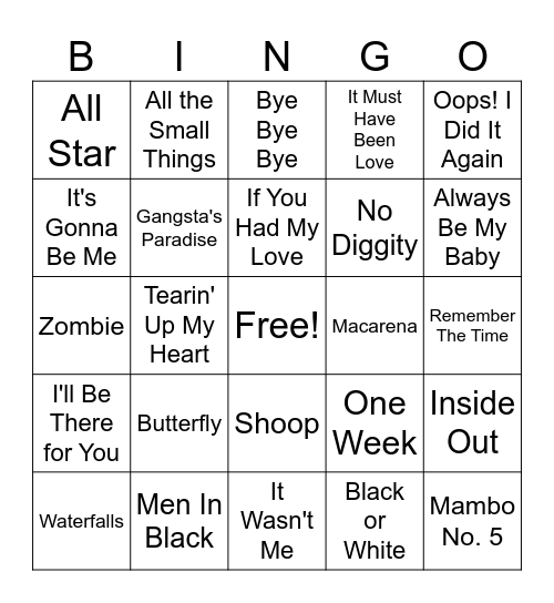 90's Music Bingo Card Bingo Card