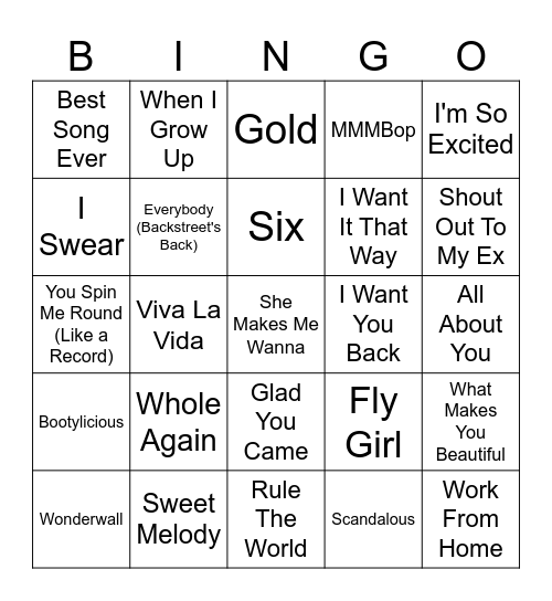 Girlbands vs. Boybands Bingo Card