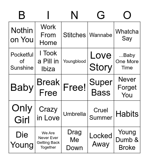 Music Bingo 5.1.24 (Pop Throwback) Bingo Card