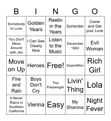 70s Road Trip Hits Bingo Card