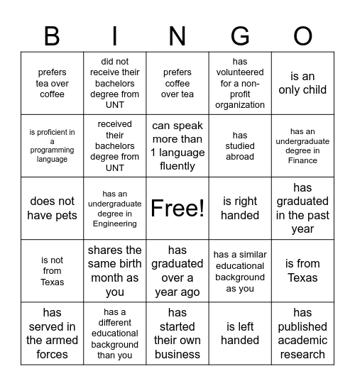 Icebreaker Bingo Card