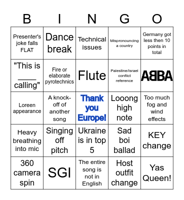 Eurovision 2024 Bingo Card