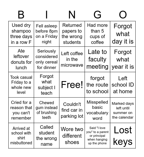 Tired Teacher Bingo Card