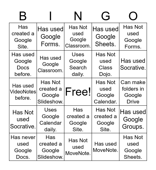 Google Apps Bingo Card