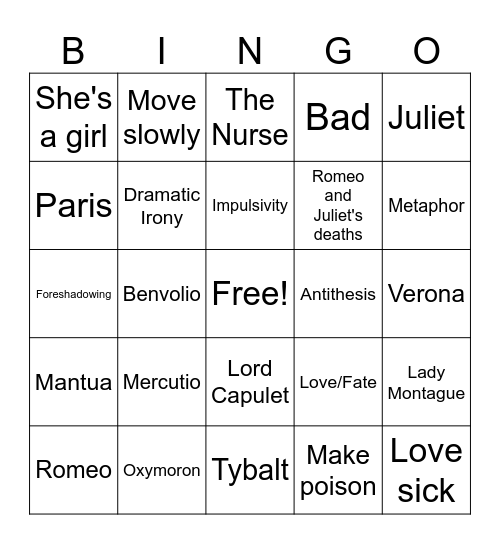 Romeo and Juliet Bingo Card