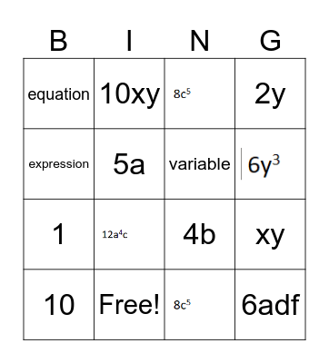 Algebra like terms Bingo Card