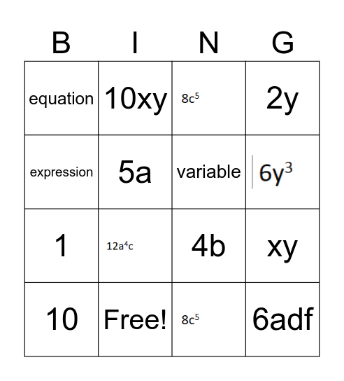 Algebra like terms Bingo Card