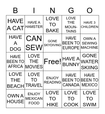 GETTING TO KNOW YOU Bingo Card