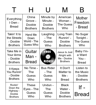 Doobies / Guess Who / Bread Bingo Card