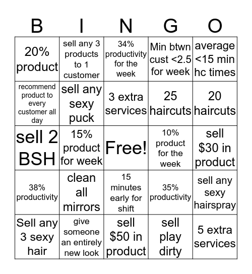 Sexy Hair Bingo Card