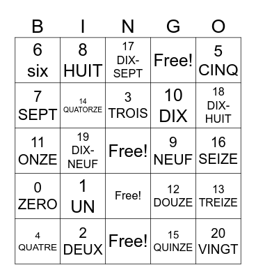 French Number Bingo Card