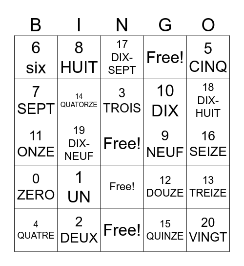 French Number Bingo Card