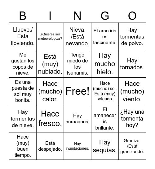 ¿Qué tiempo hace? Bingo Card