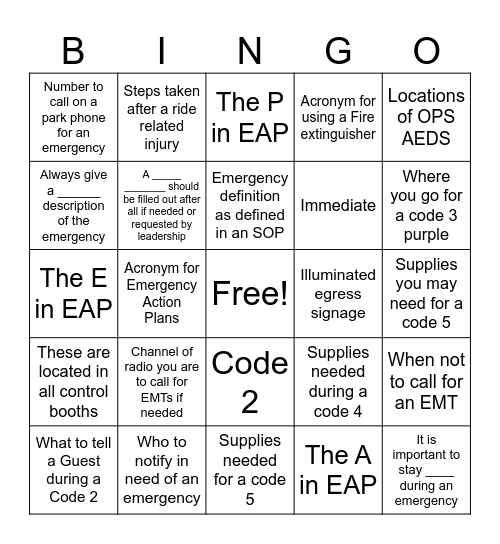 Emergency Action Plan Bingo Card