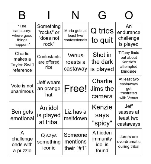 Survivor Bingo May 1st Bingo Card