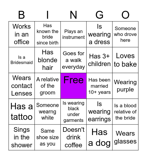 Find the guest wedding Bingo Card