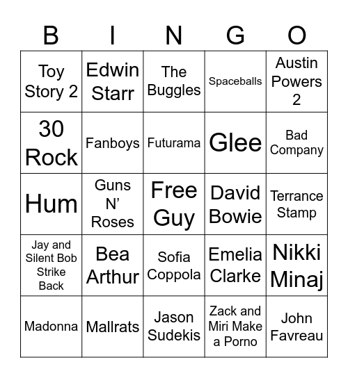 Movie/Show References, Star/War Title Songs, & Cameos Bingo Card