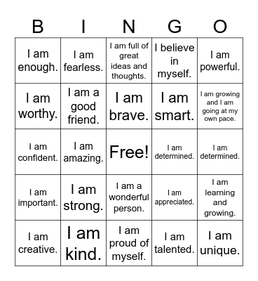 Self Love Affirmation Bingo Card