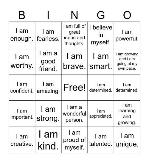 Self Love Affirmation Bingo Card