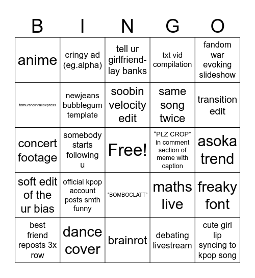 fyp bingo Card