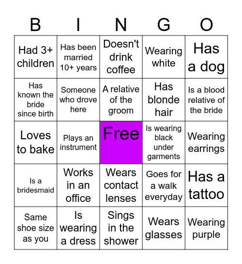 Find the guest wedding Bingo Card