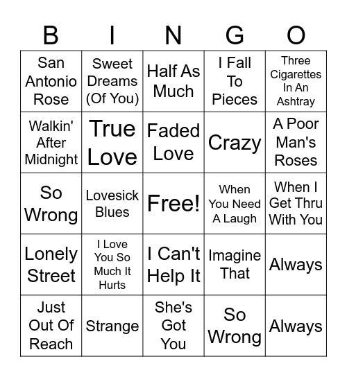 Patsy Cline Bingo Card