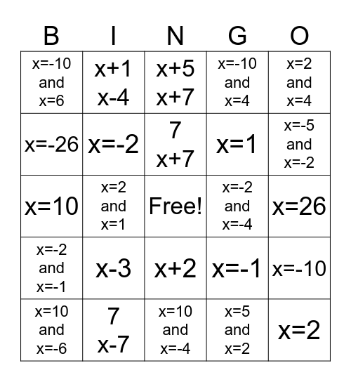 Simplifying and Solving Rationals Bingo Card