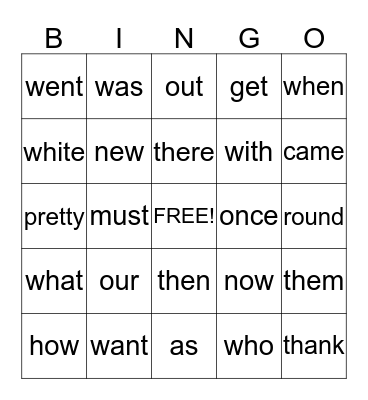 Primer/First Sight Words Bingo Card
