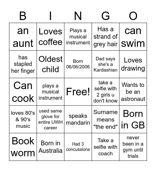 Team Building Bingo Card