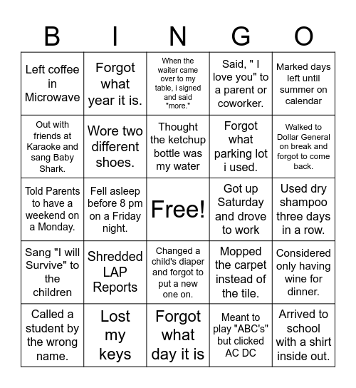 EHS End of the Year Teacher Bingo Card