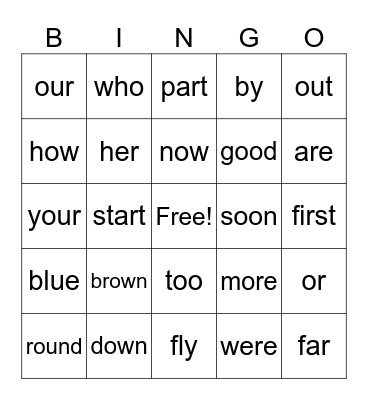 SIght words Bingo Card