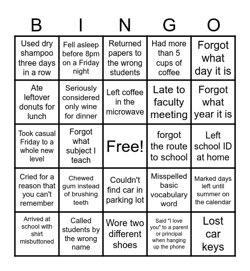 Tired Teacher BIngo Card