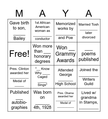 Maya Angelou Bingo Card