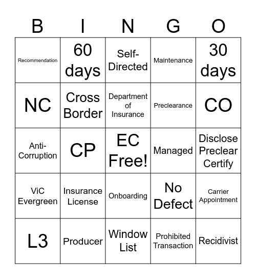 Employee Compliance Bingo Card