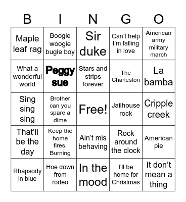 Songs Bingo Card