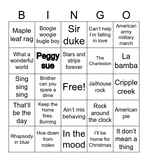 Songs Bingo Card